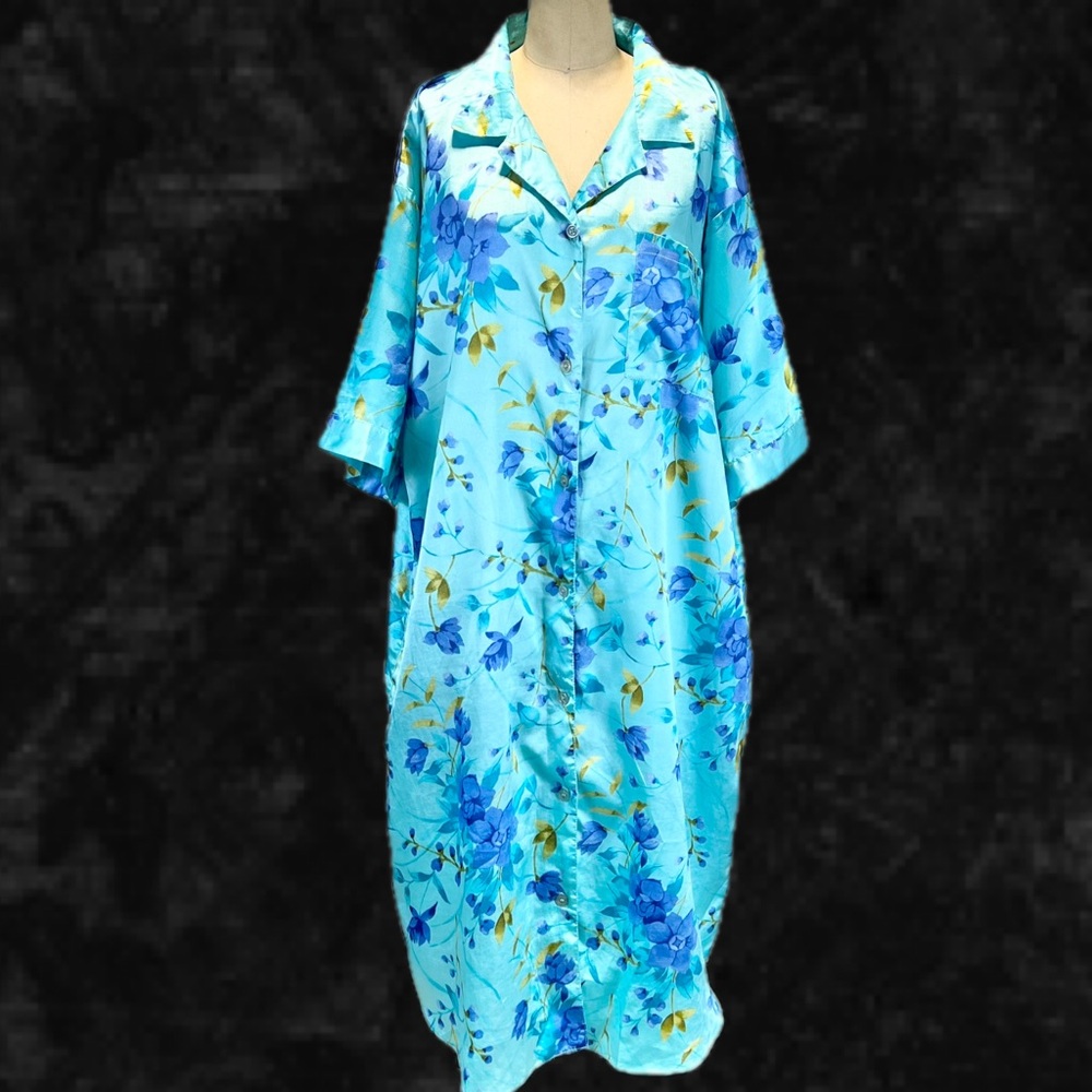 VINTAGE silky floral maxi nightshirt nightgown button front long sleeve 80s 90s
